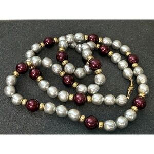 Vintage NAPIER FAUX PEARL NECKLACE Gray Purple Gold Tone BEADED 35" Long